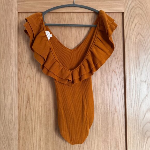 Sezane Isabella Ruffle Knit Bodysuit in Ochre - Picture 5 of 5